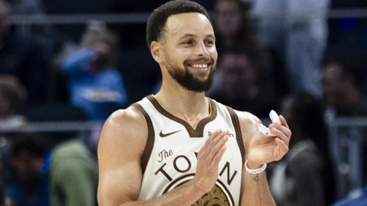 Jan 17, 2026; San Francisco, California, USA; Golden State Warriors guard Stephen Curry (30) reacts during the third quarter against the Charlotte Hornets at Chase Center. Mandatory Credit: John Hefti-Imagn Images