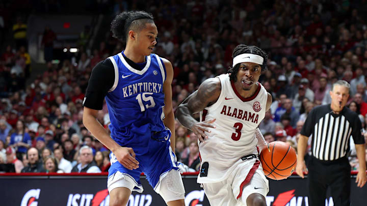 Jan 3, 2026; Tuscaloosa, Alabama, USA; Alabama Crimson Tide guard Latrell Wrightsell Jr. (3) dribbles against Kentucky Wildcats guard Jaland Lowe (15) during the second half at Coleman Coliseum. Mandatory Credit: David Leong-Imagn Images