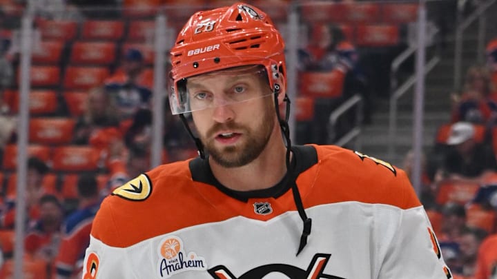 Apr 20, 2026; Edmonton, Alberta, CAN; Anaheim Ducks left winger Jeffrey Viel (28) warms up before the game against the Edmonton Oilers in game one of the first round of the 2026 Stanley Cup Playoffs before the first period at Rogers Place. Mandatory Credit: Walter Tychnowicz-Imagn Images