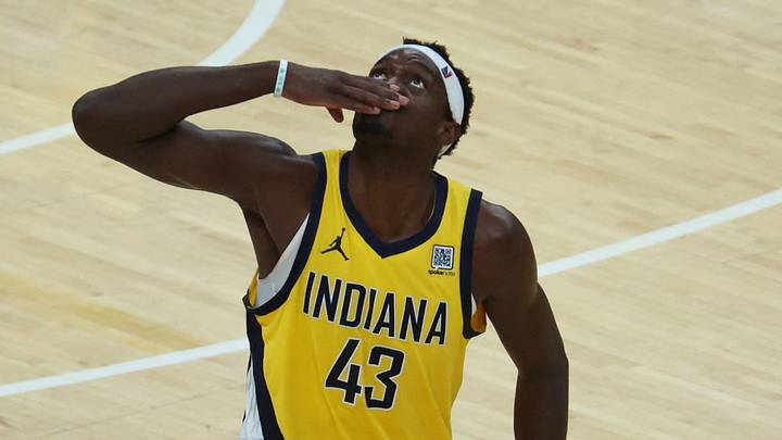 Jun 13, 2025; Indianapolis, Indiana, USA; Indiana Pacers forward Pascal Siakam (43) reacts during the third quarter against the Oklahoma City Thunder of game four of the 2025 NBA Finals at Gainbridge Fieldhouse. Mandatory Credit: Trevor Ruszkowski-Imagn Images