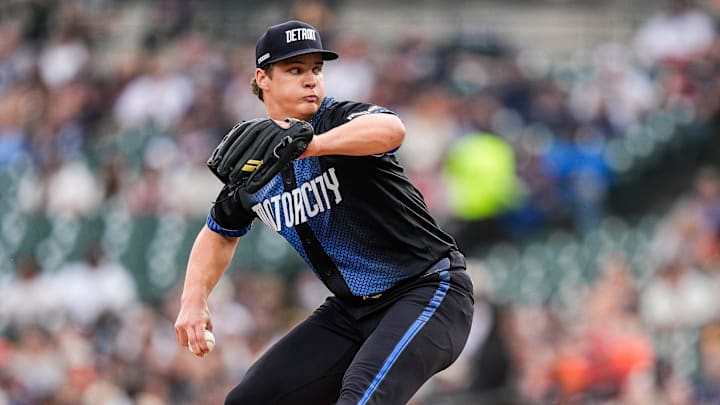 Detroit Tigers pitcher Jackson Jobe (21) throws against Kansas City Royals during the first inning at Comerica Park in Detroit on Friday, April 18, 2025.