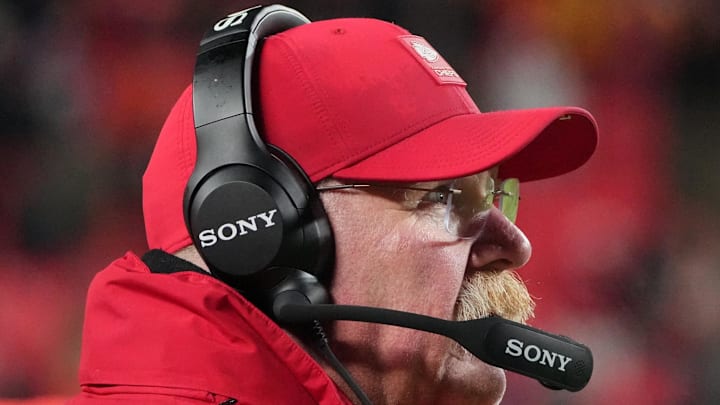Dec 7, 2025; Kansas City, Missouri, USA; Kansas City Chiefs head coach Andy Reid is seen on the sideline during the fourth quarter against the Houston Texans at GEHA Field at Arrowhead Stadium. Mandatory Credit: Denny Medley-Imagn Images