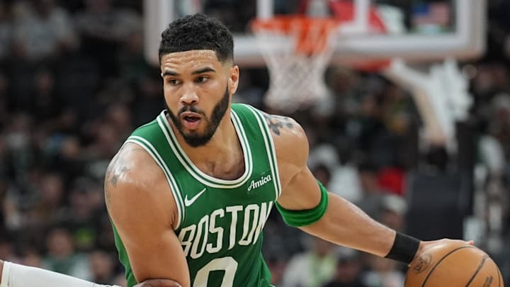 Mar 29, 2025; San Antonio, Texas, USA; Boston Celtics forward Jayson Tatum (0) dribbles in the second half against the San Antonio Spurs at Frost Bank Center. Mar 29, 2025; San Antonio, Texas, USA; Boston Celtics forward Jayson Tatum (0) dribbles in the second half against the San Antonio Spurs at Frost Bank Center.