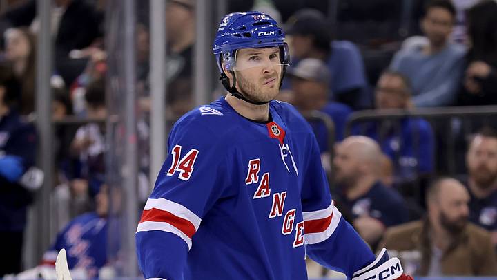 Mar 27, 2026; New York, New York, USA; New York Rangers right wing Taylor Raddysh (14) skates against the Chicago Blackhawks during the second period at Madison Square Garden. Mandatory Credit: Brad Penner-Imagn Images
