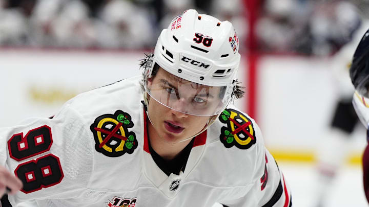 Feb 28, 2026; Denver, Colorado, USA; Chicago Blackhawks center Connor Bedard (98) during the third period against the Colorado Avalanche at Ball Arena. Mandatory Credit: Ron Chenoy-Imagn Images
