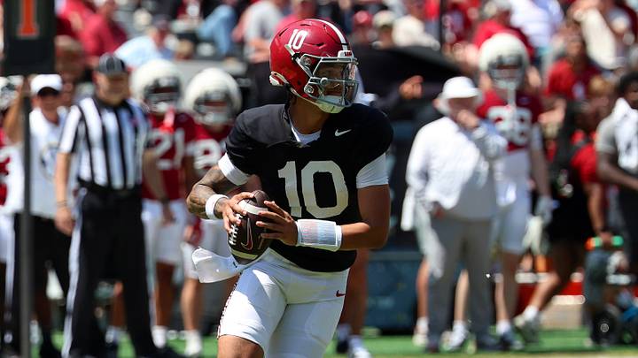 Apr 11, 2026; Tuscaloosa, AL, USA; Alabama Crimson Tide quarterback Austin Mack (10) drops back to pass during the Alabama A-Day spring football scrimmage game at Saban Field at Bryant-Denny Stadium. Mandatory Credit: David Leong-Imagn Images Apr 11, 2026; Tuscaloosa, AL, USA; Alabama Crimson Tide quarterback Austin Mack (10) drops back to pass during the Alabama A-Day spring football scrimmage game at Saban Field at Bryant-Denny Stadium. Mandatory Credit: David Leong-Imagn Images