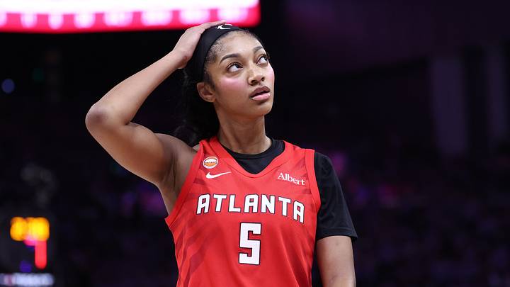 Atlanta Dream forward Angel Reese (5) between plays against the Golden State Valkyries.
