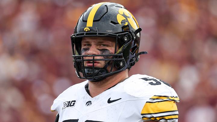 Oct 24, 2026; Minneapolis, Minnesota, USA; Iowa Hawkeyes offensive lineman Kade Pieper (58) looks on during the first half against the Minnesota Golden Gophers at Huntington Bank Stadium. Mandatory Credit: Matt Krohn-Imagn Images
