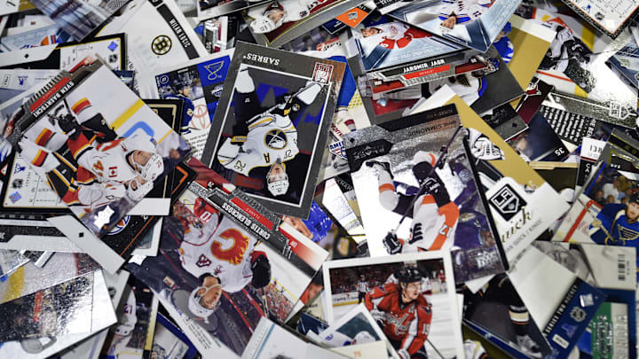 Jan 29, 2016; Nashville, TN, USA; Detail view of Upper Deck hockey cards at the fan fair prior to the 2016 NHL All Star Game at Bridgestone Arena. Mandatory Credit: Christopher Hanewinckel-Imagn Images