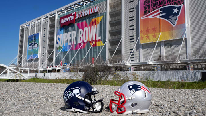 Feb 4, 2026; Santa Clara, CA, USA; Seattle Seahawks and New England Patriots helmets at Levi's Stadium. Mandatory Credit: Kirby Lee-Imagn Images