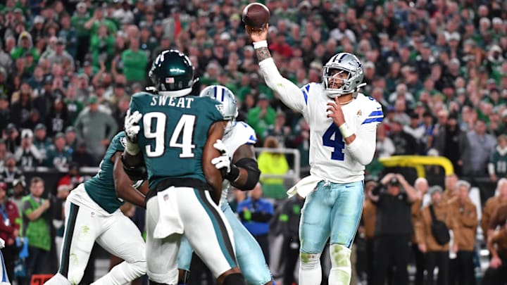 Nov 5, 2023; Philadelphia, Pennsylvania, USA; Dallas Cowboys quarterback Dak Prescott (4) throws a