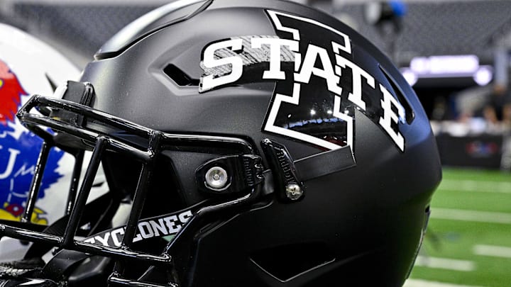 Jul 12, 2023; Arlington, TX, USA; A view of the Iowa State Cyclones helmet and logo during Big 12 football media day at AT&T Stadium. 