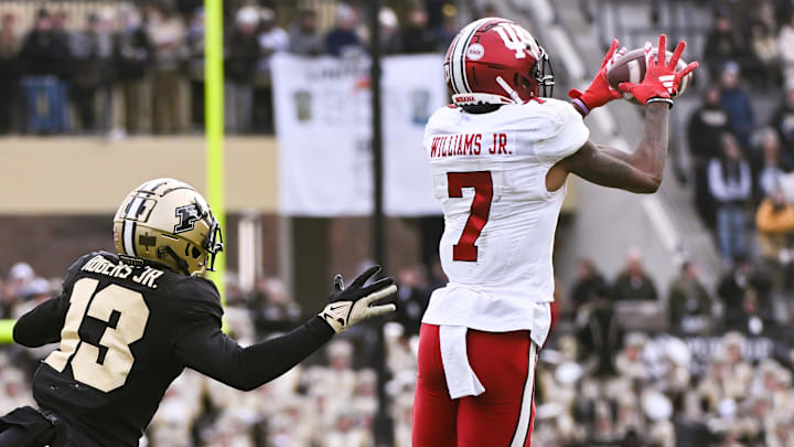 Indiana wide receiver E.J. Williams Jr. (7) catches a pass against Purdue at Ross-Ade Stadium. Indiana wide receiver E.J. Williams Jr. (7) catches a pass against Purdue at Ross-Ade Stadium.