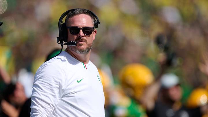 Sep 5, 2026; Eugene, Oregon, USA; Oregon Ducks head coach Dan Lanning asks for a video review during the second half in a game against the Boise State Broncos at Autzen Stadium. Mandatory Credit: Troy Wayrynen-Imagn Images