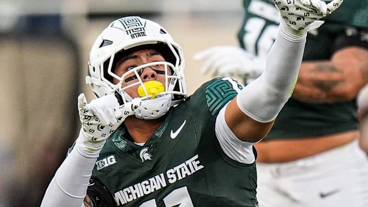 Michigan State edge Anelu Lafaele (11) celebrates a tackles against Western Michigan during the first half at Spartan Stadium in East Lansing on Friday, August 29, 2025.