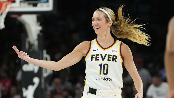Sep 23, 2025; Las Vegas, Nevada, USA; Indiana Fever guard Lexie Hull (10) reacts after scoring against the Las Vegas Aces during the first quarter in game two of the second round for the 2025 WNBA Playoffs at Michelob Ultra Arena. Mandatory Credit: Lucas Peltier-Imagn Images Sep 23, 2025; Las Vegas, Nevada, USA; Indiana Fever guard Lexie Hull (10) reacts after scoring against the Las Vegas Aces during the first quarter in game two of the second round for the 2025 WNBA Playoffs at Michelob Ultra Arena. Mandatory Credit: Lucas Peltier-Imagn Images