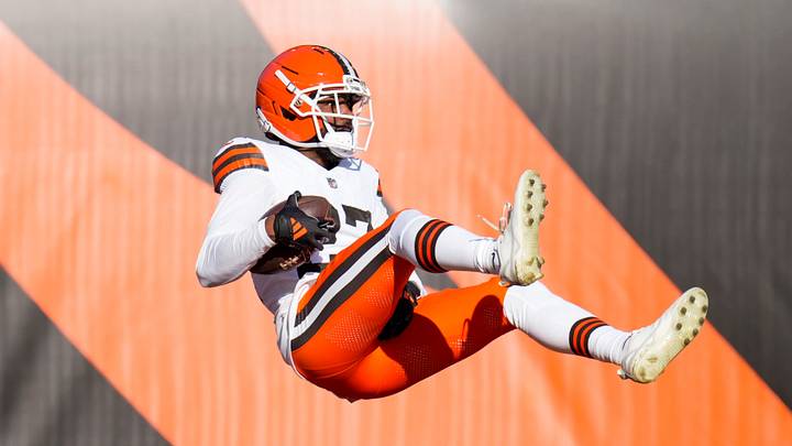 Cornerback Sam Webb (27) leaps into the end zone for a touchdown in the second quarter of the NFL Week 18 game between the Cincinnati Bengals and the Cleveland Browns at Paycor Stadium in Downtown Cincinnati on Sunday, Jan. 4, 2026. Cornerback Sam Webb (27) leaps into the end zone for a touchdown in the second quarter of the NFL Week 18 game between the Cincinnati Bengals and the Cleveland Browns at Paycor Stadium in Downtown Cincinnati on Sunday, Jan. 4, 2026.