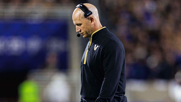 Oct 12, 2024; Lexington, Kentucky, USA; Vanderbilt Commodores head coach Clark Lea walks to the sideline during the first quarter against the Kentucky Wildcats at Kroger Field
