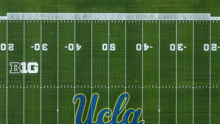 May 2, 2026; Pasadena, CA, USA; A general overall view of the UCLA Bruins and Big Ten Conference logos on the field at the Rose Bowl. Mandatory Credit: Kirby Lee-Imagn Images