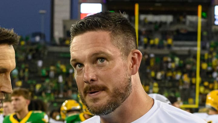 Aug 31, 2024; Eugene, Oregon, USA; Oregon Ducks head coach Dan Lanning in post game interview after the game against the Idaho Vandals at Autzen Stadium. Mandatory Credit: Craig Strobeck-Imagn Images