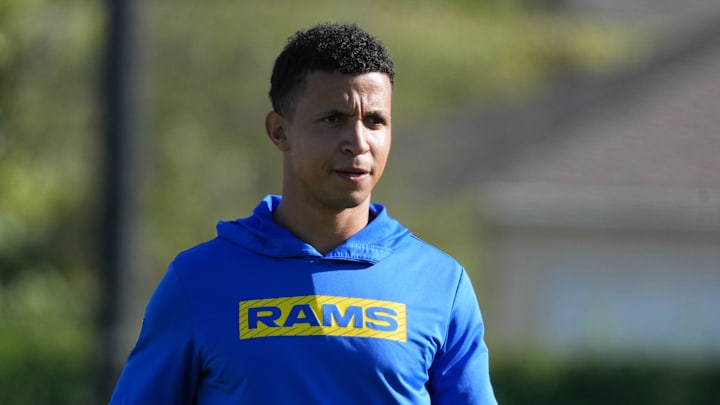 Los Angeles Rams pass game coordinator coach Nate Scheelhaase during training camp