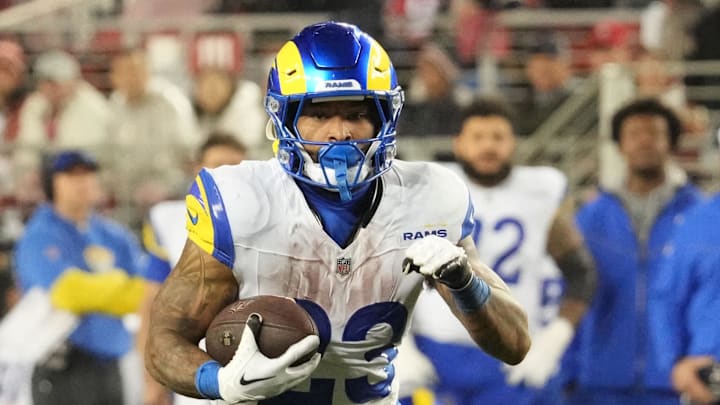 Dec 12, 2024; Santa Clara, California, USA; Los Angeles Rams running back Kyren Williams (23) carries the ball against the San Francisco 49ers during the third quarter at Levi's Stadium. Mandatory Credit: Kelley L Cox-Imagn Images