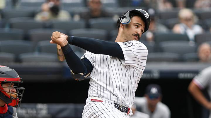 New York Yankees outfielder Trent Grisham (12) strikes out against the Minnesota Twins during the sixth inning at Yankee Stadium. New York Yankees outfielder Trent Grisham (12) strikes out against the Minnesota Twins during the sixth inning at Yankee Stadium.
