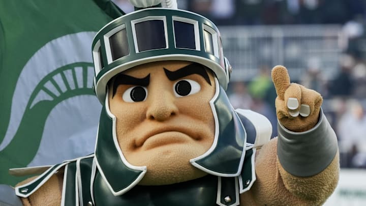 Aug 29, 2025; East Lansing, Michigan, USA; Sparty, the mascot of the Michigan State Spartans takes the field at Spartan Stadium. Mandatory Credit: Brendan Mullin-Imagn Images