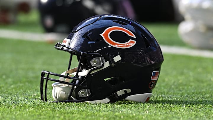 Chicago Bears helmet sits on the field prior to a game against the Minnesota Vikings.