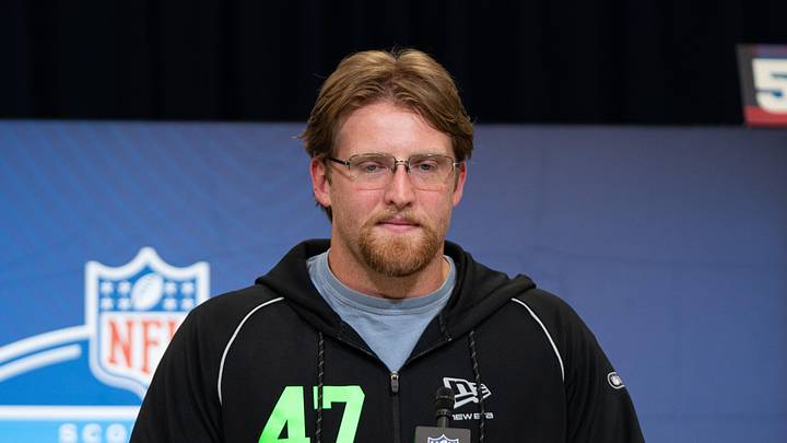 Feb 28, 2026; Indianapolis, IN, USA; Florida offensive lineman Jake Slaughter (OL47) speaks to members of the media during the NFL Combine at the Indiana Convention Center. Mandatory Credit: Jacob Musselman-Imagn Images
