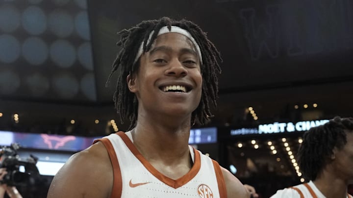 Feb 15, 2025; Austin, Texas, USA; Texas Longhorns guard Tre Johnson (20) reacts after a win over the Kentucky Wildcats at Moody Center. Mandatory Credit: Scott Wachter-Imagn Images Feb 15, 2025; Austin, Texas, USA; Texas Longhorns guard Tre Johnson (20) reacts after a win over the Kentucky Wildcats at Moody Center. Mandatory Credit: Scott Wachter-Imagn Images