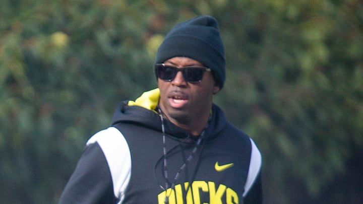New co-defensive coordinator and safeties coach Chris Hampton, right, joins the first practice of spring for Oregon football as they prepare for the 2023 season.

Eug 031623 Uo Spring Fb 06