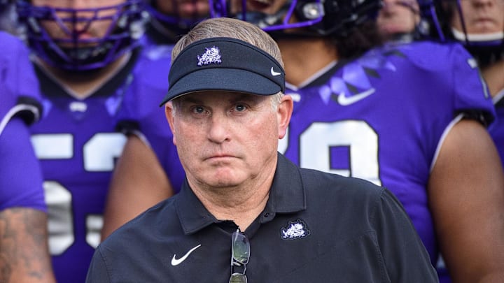 Sep 4, 2021; Fort Worth, Texas, USA; TCU Horned Frogs head coach Gary Patterson and his team before the game between the TCU Horned Frogs and the Duquesne Dukes at Amon G. Carter Stadium. Mandatory Credit: Jerome Miron-Imagn Images Sep 4, 2021; Fort Worth, Texas, USA; TCU Horned Frogs head coach Gary Patterson and his team before the game between the TCU Horned Frogs and the Duquesne Dukes at Amon G. Carter Stadium. Mandatory Credit: Jerome Miron-Imagn Images