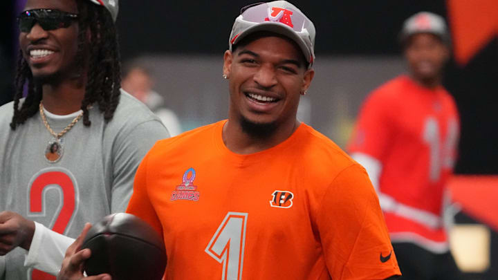 Feb 1, 2026; San Francisco, CA, USA; Cincinnati Bengals receiver Ja'Marr Chase (1) during AFC practice  at the Flag Fieldhouse Moscone Center South Building. Mandatory Credit: Kirby Lee-Imagn Images