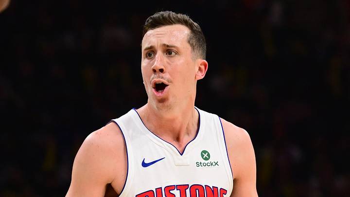 May 11, 2026; Cleveland, Ohio, USA; Detroit Pistons forward Duncan Robinson (55) reacts after a play against the Cleveland Cavaliers during the second half of game four in the second round of the 2026 NBA Playoffs at Rocket Arena. Mandatory Credit: Ken Blaze-Imagn Images