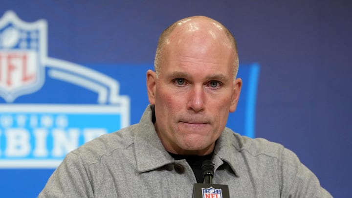 Feb 24, 2026; Indianapolis, IN, USA; Baltimore Ravens general manager Eric DeCosta speaks at the NFL Scouting Combine at the Indiana Convention Center. Mandatory Credit: Kirby Lee-Imagn Images