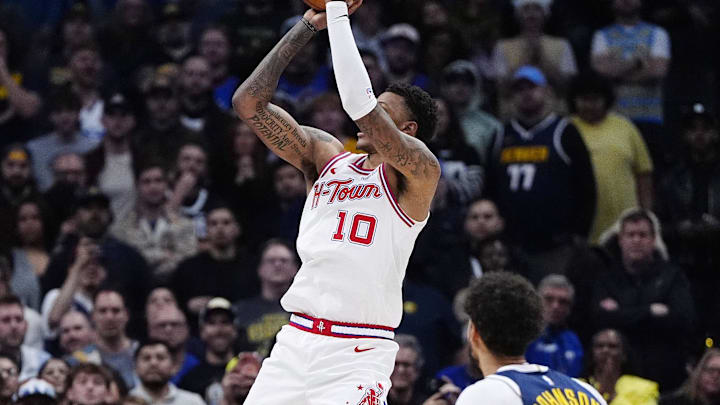 Dec 15, 2025; Denver, Colorado, USA; Houston Rockets forward Jabari Smith Jr. (10) lines up a shot in overtime against the Denver Nuggets at Ball Arena. Mandatory Credit: Ron Chenoy-Imagn Images Dec 15, 2025; Denver, Colorado, USA; Houston Rockets forward Jabari Smith Jr. (10) lines up a shot in overtime against the Denver Nuggets at Ball Arena. Mandatory Credit: Ron Chenoy-Imagn Images