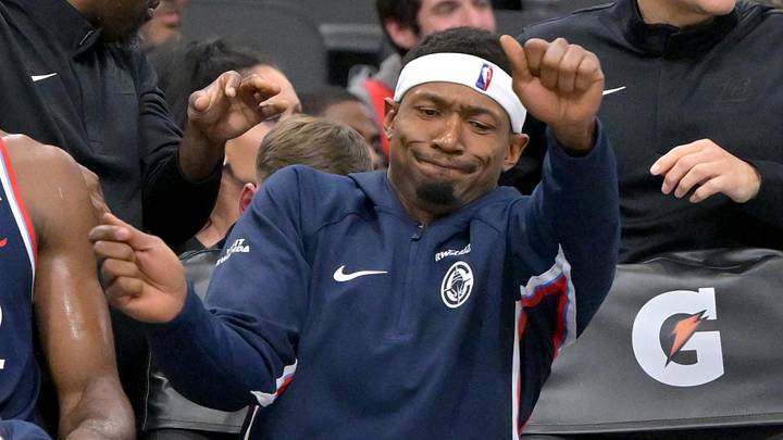 Oct 24, 2025; Inglewood, California, USA; Los Angeles Clippers guard Bradley Beal (0) reacts on the bench after a basket in the second half against the Phoenix Suns at Intuit Dome. Mandatory Credit: Jayne Kamin-Oncea-Imagn Images