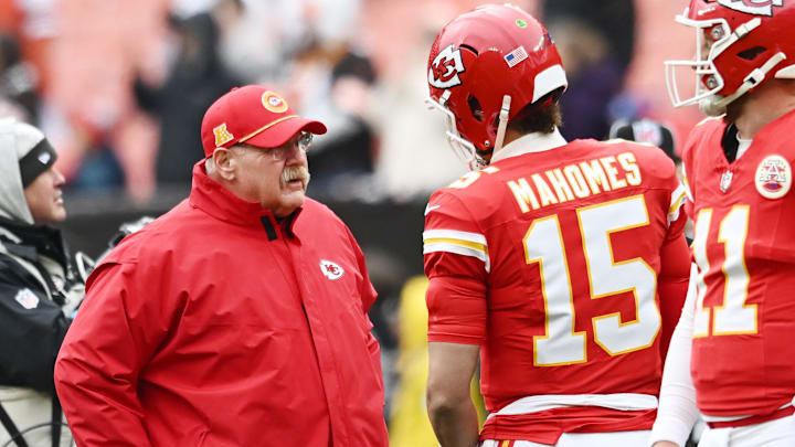 Dec 15, 2024; Cleveland, Ohio, USA; Kansas City Chiefs head coach Andy Reid talks to quarterback Patrick Mahomes (15) before the game between the Cleveland Browns and the Chiefs at Huntington Bank Field. Mandatory Credit: Ken Blaze-Imagn Images