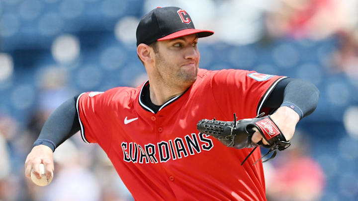 May 14, 2025; Cleveland, Ohio, USA; Cleveland Guardians starting pitcher Gavin Williams (32) throws a pitch during the first inning against the Milwaukee Brewers at Progressive Field. Mandatory Credit: Ken Blaze-Imagn Images