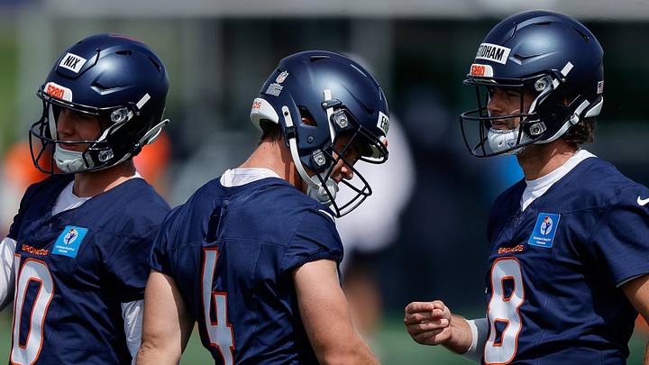 Denver Broncos quarterback Sam Ehlinger (4) and quarterback Bo Nix (10) and quarterback Jarrett Stidham (8) 