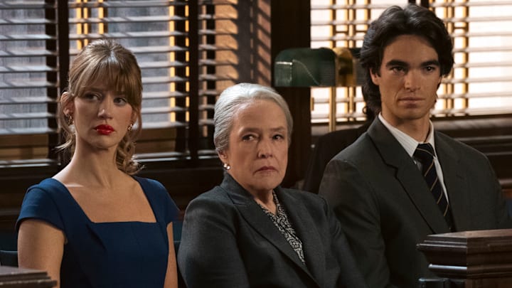 Matlock – Pictured (L-R): Yael Grobglas as "Shae Banfield,” Kathy Bates as “Madeline Matlock,” and Henry Haber as "Hunter Langley"