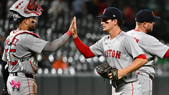 Aug 26, 2025; Baltimore, Maryland, USA; Boston Red Sox outfielder Roman Anthony (center) celebrates the win against the Baltimore Orioles with catcher Carlos Narvaez (left) at Oriole Park at Camden Yards. Mandatory Credit: James A. Pittman-Imagn Images