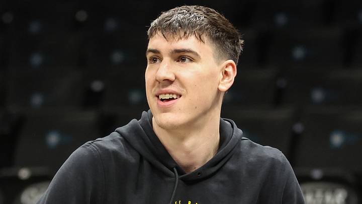 Feb 3, 2026; Brooklyn, New York, USA;  Los Angeles Lakers forward Jake LaRavia (12) warms up prior to the game against the Brooklyn Nets at Barclays Center. Mandatory Credit: Wendell Cruz-Imagn Images