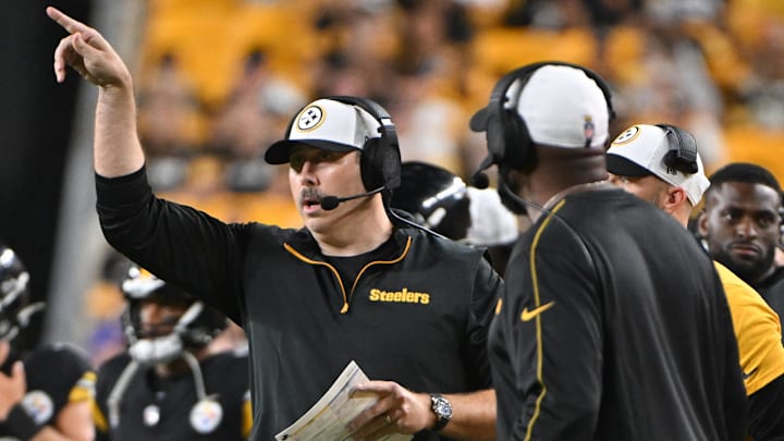 Aug 17, 2024; Pittsburgh, Pennsylvania, USA;  Pittsburgh Steelers offensive coordinator Arthur Smith reacts against the Buffalo Bills during the fourth quarter at Acrisure Stadium. Mandatory Credit: Barry Reeger-Imagn Images