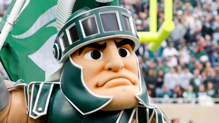 Michigan State mascot Sparty carries a flag during the Spartans' game against UCLA on Oct. 11, 2025.