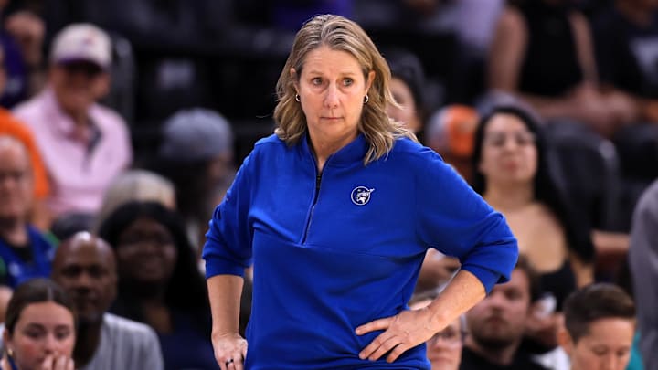 Jul 9, 2025; Phoenix, Arizona, USA; Minnesota Lynx head coach Cheryl Reeve reacts against the Phoenix Mercury during the second half at PHX Arena. Mandatory Credit: Mark J. Rebilas-Imagn Images