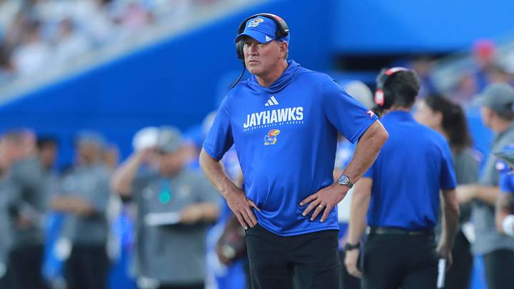 Kansas Jayhawks head coach Lance Leipold watches his players during the game between Fresno State and Kansas at David Booth Kansas Memorial Stadium on Aug. 23, 2025. Kansas Jayhawks head coach Lance Leipold watches his players during the game between Fresno State and Kansas at David Booth Kansas Memorial Stadium on Aug. 23, 2025.