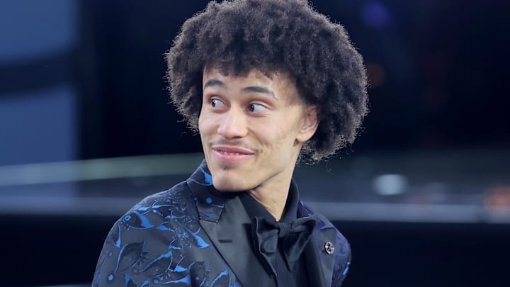 Jun 25, 2025; Brooklyn, NY, USA;  Nolan Traore reacts after being selected as the 19th pick by the Brooklyn Nets in the first round of the 2025 NBA Draft at Barclays Center. Mandatory Credit: Brad Penner-Imagn Images