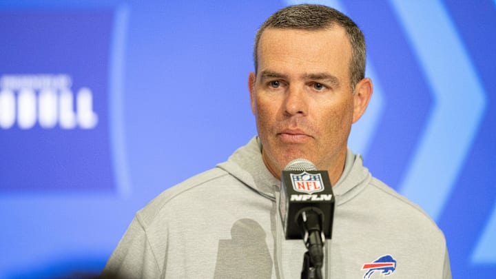 Feb 27, 2024; Indianapolis, IN, USA; Buffalo Bills general manager Brandon Beane talks to the media at the 2024 NFL Combine at Indiana Convention Center. Mandatory Credit: Trevor Ruszkowski-Imagn Images
